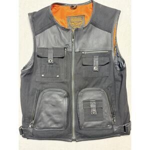 Milwaukee Performance Denim Leather Motorcycle Vest Sz Med Black Biker Utility